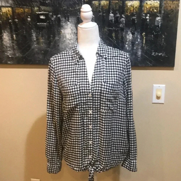 Jones New York Black and White Checked Gingham Button Down Shirt Tie Waist-M - Picture 1 of 11